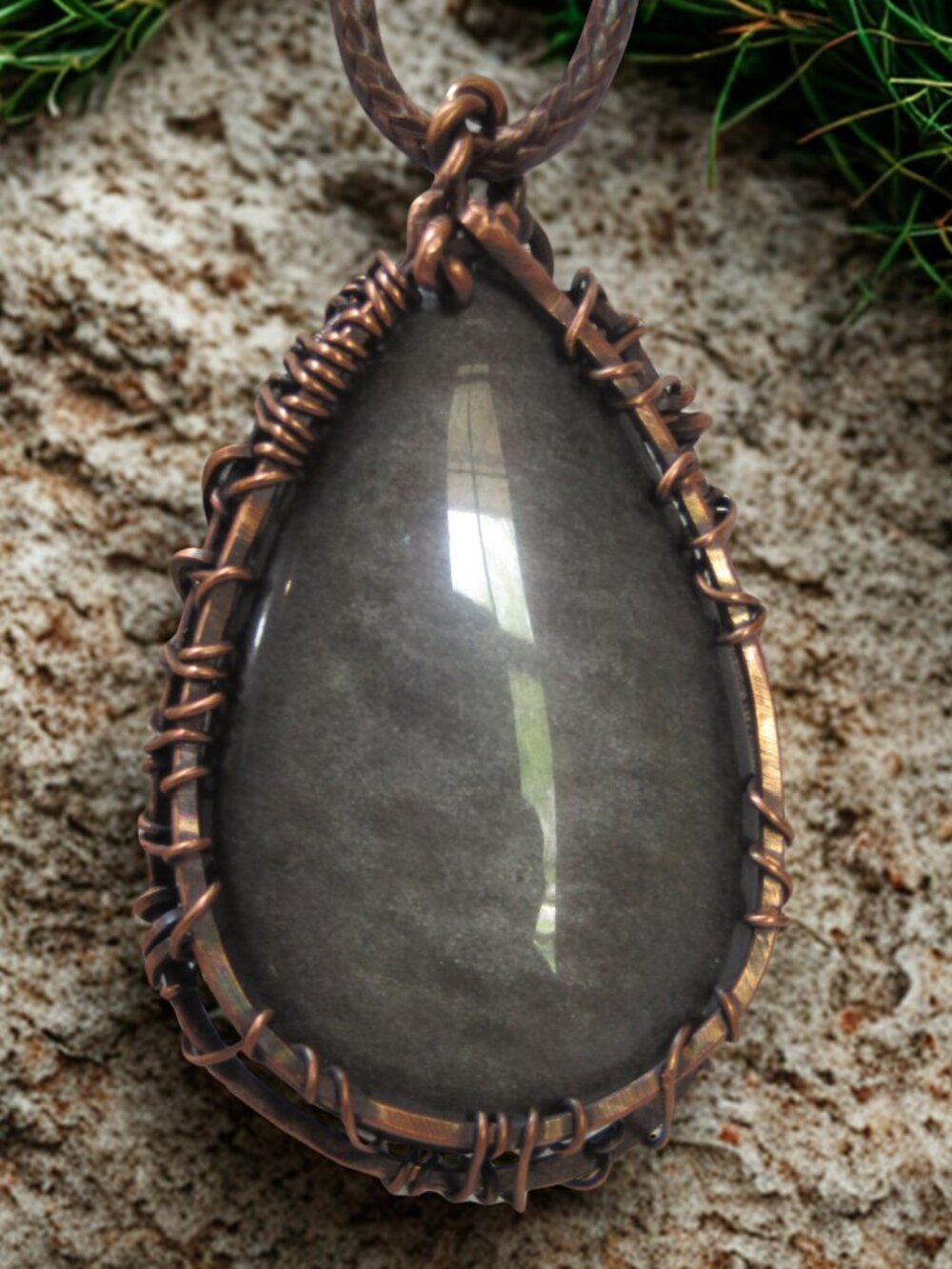 Handmade Wire Wrapped Silver Sheen Obsidian Crystal Necklace Copper wire wrapped